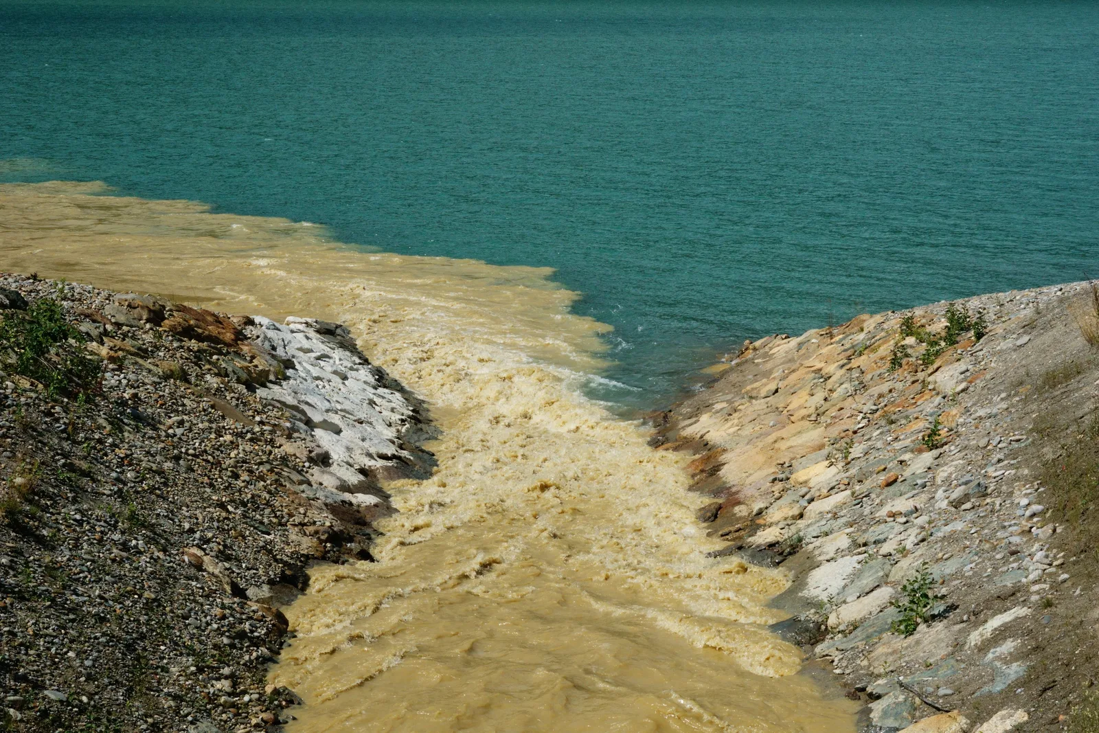 Braunes, getrübtes Zuflusswasser strömt in einen klaren, türkisfarbenen See und bildet eine scharfe Trübungskante